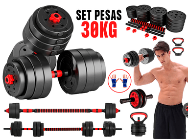 SET PESAS 30KG CONVERTIBLES DE BARRA A PESA RUSA + RUEDA ABDOMINAL + GUANTES GRATIS - 1