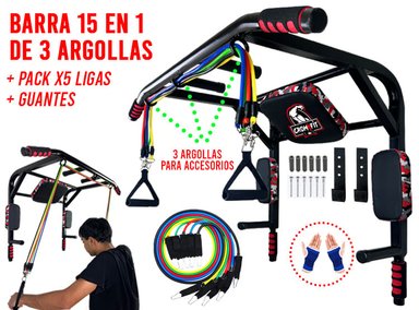 BARRA CROM FIT 15 EN 1 MULTIFUNCIONAL CROSSFIT 3 ARGOLLAS + PACK 5 LIGAS RESISTENCIA + GUANTES