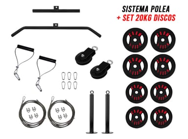 SISTEMA POLEA CROM FIT ACERO COMPLETO + ACCESORIOS + SET 20KG DISCOS PESO EXACTO - 1