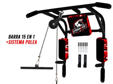 BARRA CROM FIT ACERO INOXIDABLE 15 EN 1 MULTIFUNCIONAL DOMINADAS + SISTEMA POLEA CABLE ACCESORIOS PESO