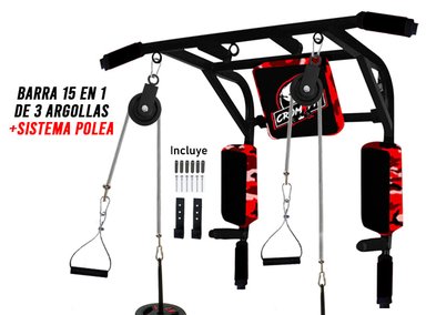 BARRA CROM FIT ACERO INOXIDABLE 15 EN 1 MULTIFUNCIONAL 3 ARGOLLAS CROSSFIT + SISTEMA POLEA CABLE ACCESORIOS