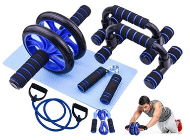 SET KIT ENTRENAMIENTO 5 EN 1 CROSSFIT PUSH UP + RUEDA ABDOMINAL + LIGA RESISTENCIA + HANDGRIP + SALTA SOGA