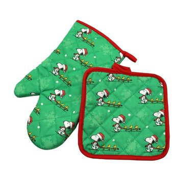 GUANTE Y TOMA OLLA DE COCINA ADULTO SNOOPY VERDE