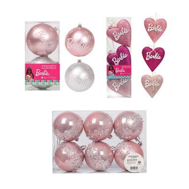 TRIPACK DECORACIÓN NAVIDAD BARBIE CON 2 BOLAS 10 CM + 6 BOLAS 8 CM + 2 CORAZONES 12 CM