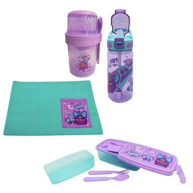 PACK ESCOLAR FURBY TOMATODO CON CAÑITA 500ML + VASO YOGURERA + TAPER DOBLE NIVEL + INDIVIDUAL
