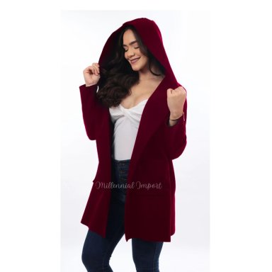CHAQUETA PAÑO ITALIANO MUJER VINO LARGA MODA CASUAL GUINDA - 1