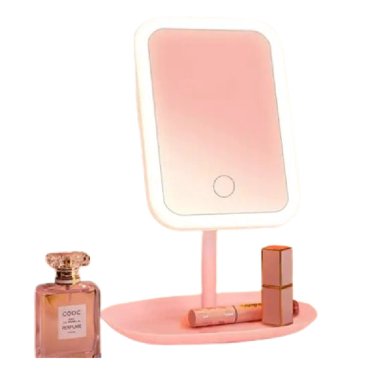 ESPEJO DE TOCADOR CUADRADO REGULABLE ROSADO LUZ LED