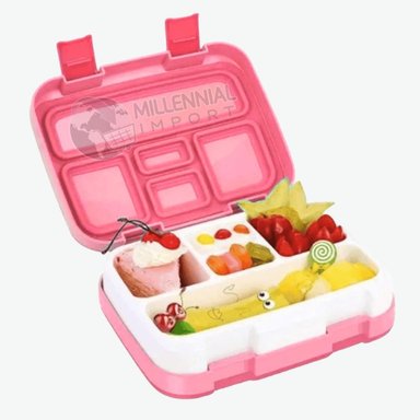 LONCHERA TAPER TIPO BENTO BOX DE 5 DIVISIONES, INCLUYE CUBIERTO COLOR ROSADO PARA NIÑAS