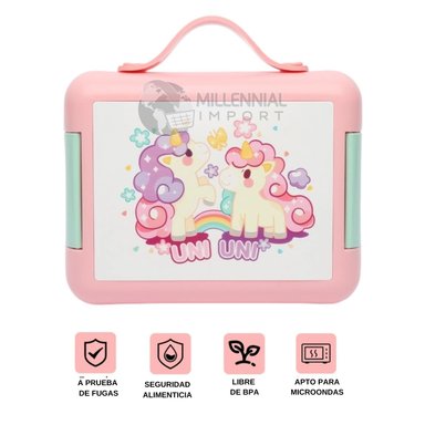 LONCHERA PARA NIÑOS TAPER TIPO BENTO DE 4 DIVISIONES LIBRE DE BPA MODELO UNICORNIO