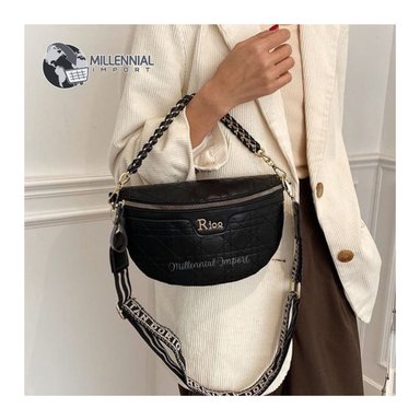 BOLSO CANGURO NEGRO DE DAMA CON DOBLE CORREA PRÁCTICO SOFISTICADO