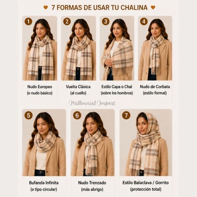 PASHMINA A CUADROS DISEÑO MODERNO ABRIGADO MAXI BUFANDA 185CM X 72CM BEIGE - 5