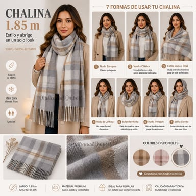 MAXI BUFANDA CHALINA SUAVE UNISEX 185CM X 72CM DISEÑO A CUADROS GRIS - 10