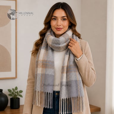 MAXI BUFANDA CHALINA SUAVE UNISEX 185CM X 72CM DISEÑO A CUADROS GRIS - 7