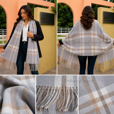 MAXI BUFANDA CHALINA SUAVE UNISEX 185CM X 72CM DISEÑO A CUADROS GRIS - 9