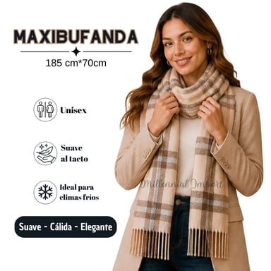 PASHMINA CHALINA ABRIGO INVIERNO MODELO MAXI BUFANDA 185CM X 72CM BEIGE - 1