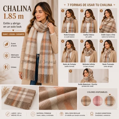 PASHMINA CHALINA ABRIGO INVIERNO MODELO MAXI BUFANDA 185CM X 72CM BEIGE - 10