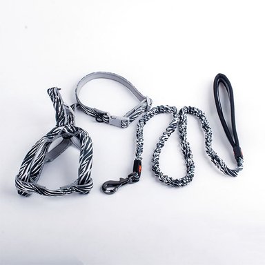 PACK PERROS QUE PATAS PET SHOP COLLAR CORREA Y ARNES NEGRO CON BLANCO TALLA S