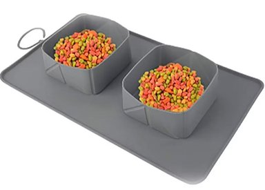 PLATO PERRO DOBLE PLEGABLE MASCOTA GRIS QUE PATAS PET SHOP