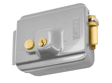 CERRADURA CANTOL ELÉCTRICA CON BOTÓN ACERO PLATEADO 11.3 CM X 18 CM