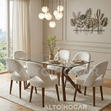 JUEGO DE COMEDOR 6 SILLAS MOON CREMA MADERA TORNILLO - 1