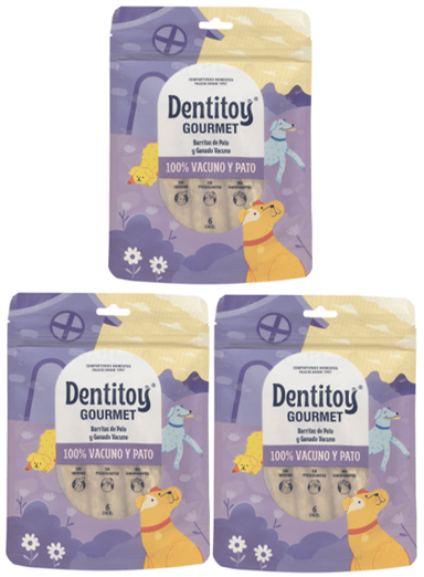 BARRITAS DE VACUNO Y PATO DENTITOY GOURMET BOLSA 6 UNID PACK X 3