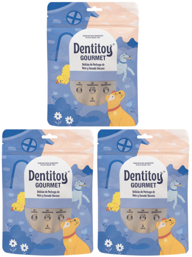 DELICIAS DE PECHUGA DE PATO Y VACUNO DENTITOY GOURMET BOLSA 4 UNID PACK X 3