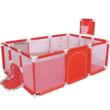 CORRAL DE JUEGOS CON ARO DE BASQUET Y ARCO DE FÚTBOL ROJO