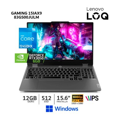 LAPTOP LENOVO CORE I5-12450HX LOQ 15 GAMING PANTALLA 15.6' FHD 144HZ, RAM 12GB, SSD 512GB, RTX 3050 6GB, 12GEN. ESP. - 83GS00JULM