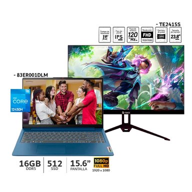 COMBO LAPTOP LENOVO SLIM 3 INTEL CORE I5 16GB RAM/ 512GB SSD/ 15.6” FHD WIND 83ER001DLM + MONITOR TEROS 2415S