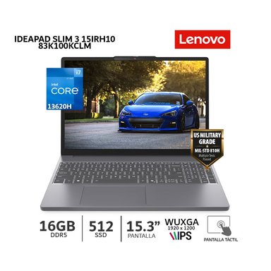 LAPTOP LENOVO IDEAPAD SLIM 3 15IRH10 CORE I7-13620H, 15.3'/ 16GB RAM/ 512GB SSD/ TACTIL /83K100KCLM