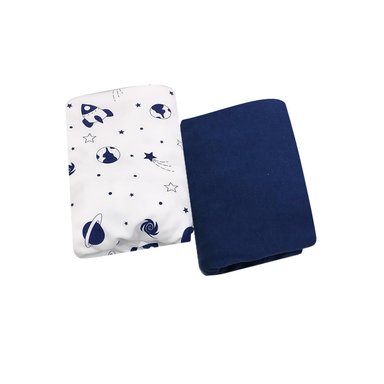 SABANAS BAJERAS PACK AND PLAY BEBE ALGODÓN X 2 COHETES AZULES