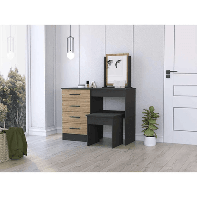 TOCADOR TU MESITA MANA NEGRO 4 CAJONES CON ESPEJO MACADAMIA