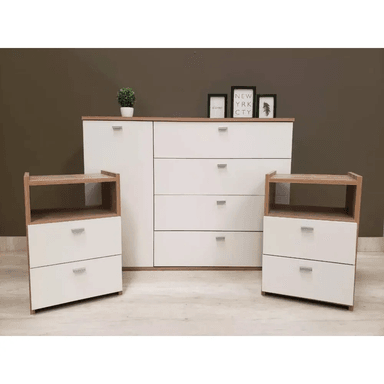 CÓMODA MÁS 2 VELADORES TU MESITA 4 CAJONES 1 PUERTA DAKAR COLOR BLANCO/HAYA