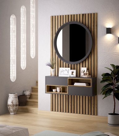 RECIBIDOR TU MESITA BARPIN NEGRO FLOTANTE CON ESPEJO Y PANEL MARRÓN