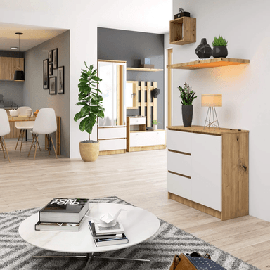 COMODA TU MESITA JIMY RECIBIDOR ROBLE 1 PUERTA 3 CAJONES MULTICOLOR BLANCO