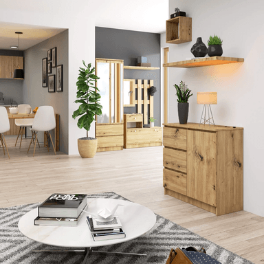 COMODA TU MESITA JIMY RECIBIDOR 1 PUERTA 3 CAJONES ROBLE