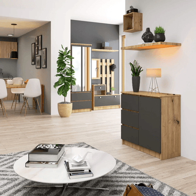 CÓMODA RECIBIDOR JIMY COLOR ROBLE/NEGRO 3 CAJONES 1 PUERTA TU MESITA