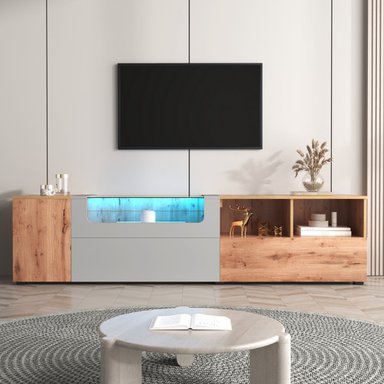 MESA DE TV TU MESITA TOMMY LARGA LED 3 PUERTAS ROBLE GRIS CLARO