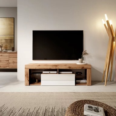 MESA DE TV MODERNA YIBUTI MARRÓN CON BLANCO 140CM