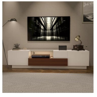 MESA DE TV MODERNA MÁNCORA TU MESITA MELAMINA 18MM BLANCO/MARRÓN 2 PUERTAS 2 CAJONES