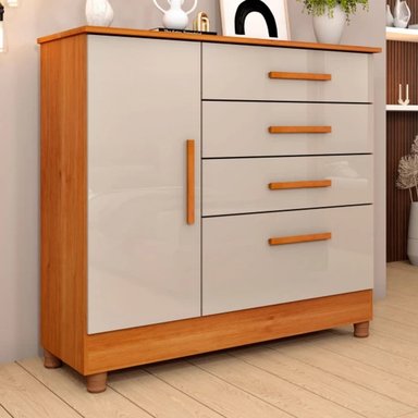 CÓMODA CLÁSICA CHICAGO COLOR BLANCO/HAYA 4 CAJONES 1 PUERTA TU MESITA