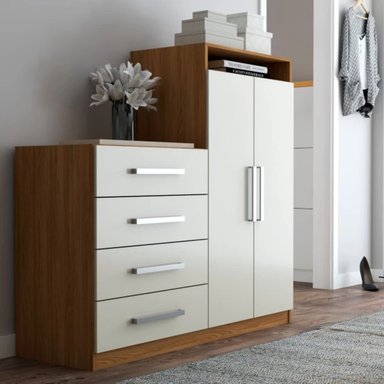 CÓMODA CON ARMARIO CINAMON COLOR MARRÓN/BLANCO TU MESITA 4 CAJONES 2 PUERTA