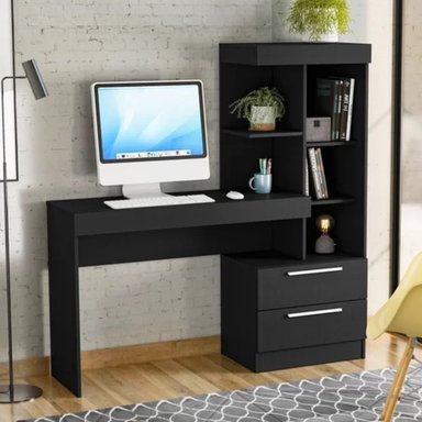 ESCRITORIO MODERNO CON ESTANTES BRENDA NEGRO 2 CAJONES