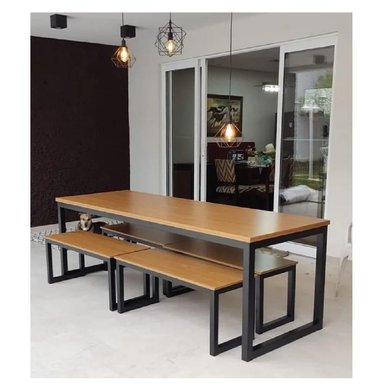 MESA INDUSTRIAL LARGA TU MESITA RONDON COLOR HAYA MAS 4 BANCAS