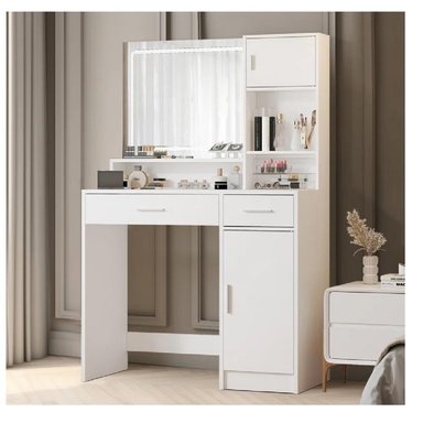 TOCADOR MODERNO TU MESITA ICARUS COLOR BLANCO 2 CAJONES 2 PUERTAS ESPEJO LED