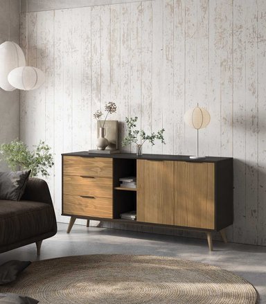 APARADOR LARGO CLÁSICO 3 CAJONES 2 PUERTAS VENTURA COLOR HAYA/NEGRO TU MESITA