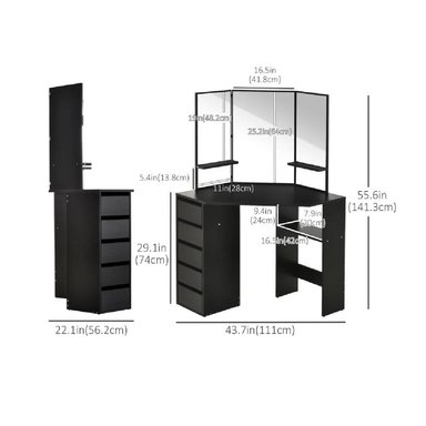 TOCADOR ESQUINERO TU MESITA SIGRID COLOR NEGRO 3 ESPEJOS 5 CAJONES - 2