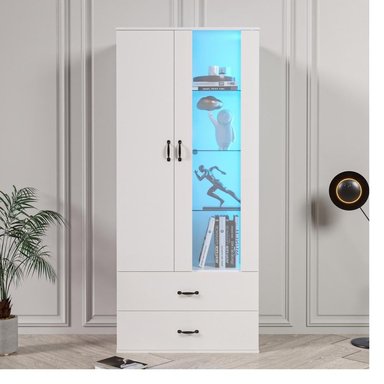 VITRINA CLÁSICA TU MESITA PATRIC COLOR BLANCO 2 CAJONES 2 PUERTAS LUZ LED