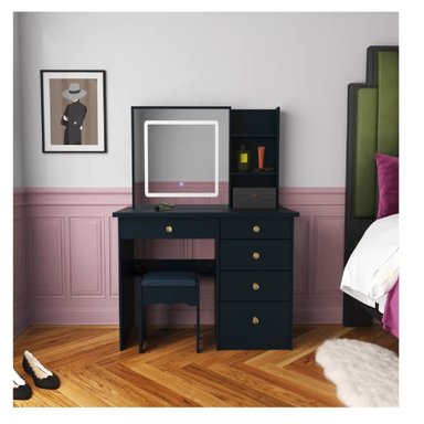 TOCADOR JUVENIL TU MESITA JISA COLOR NEGRO 5 CAJONES ESPEJO LED