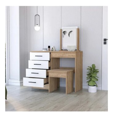 TOCADOR MULTIUSOS TU MESITA MARIAN COLOR BLANCO/ROBLE 4 CAJONES MAS ESPEJO - 2